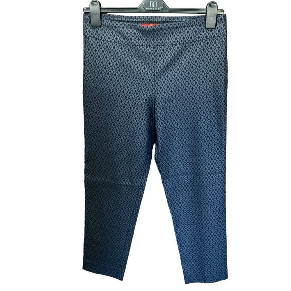 Krazy Larry Pants Straight Leg Pull On Diamond Print Blue Grey Stretch Women 14